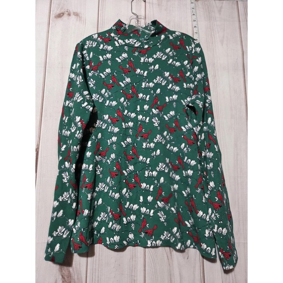 Kim Rogers Shirt Womens XXL Green Mock Neck Cardinal Bird Floral Long Sleeve - Picture 1 of 6